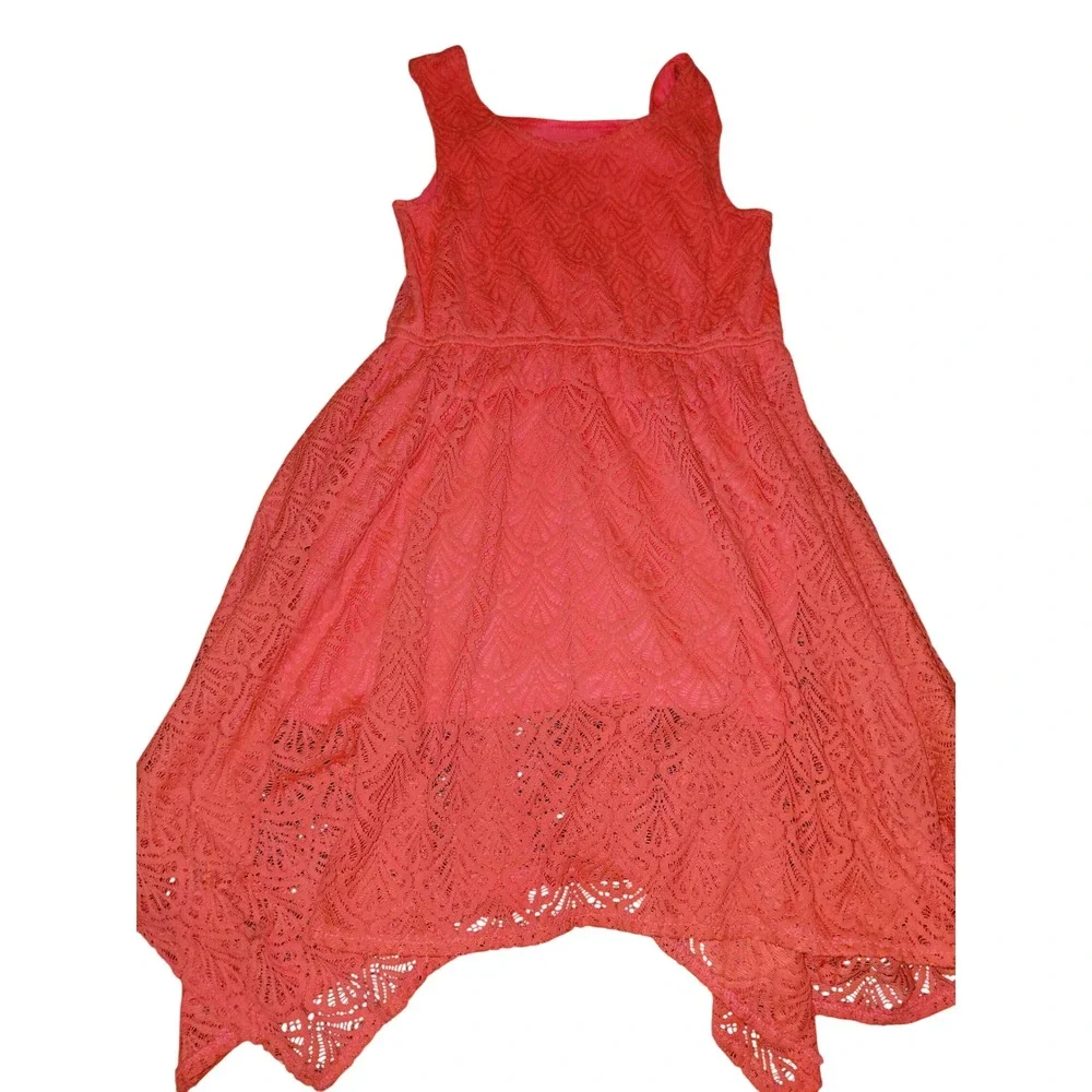 Kensie Girls Coral Pink Lace Handkerchief Hem Sleeveless Party Dress Size 12